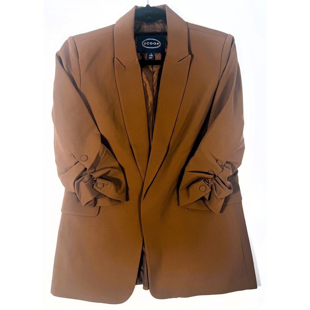 Scoop Open Front Blazer Women M 8-10 Brown Excellent Ruched 3/4 Sleeve Notched